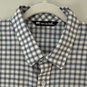Travis Mathew Navy White Plaid Checker Button Up Short Sleeve Shirt